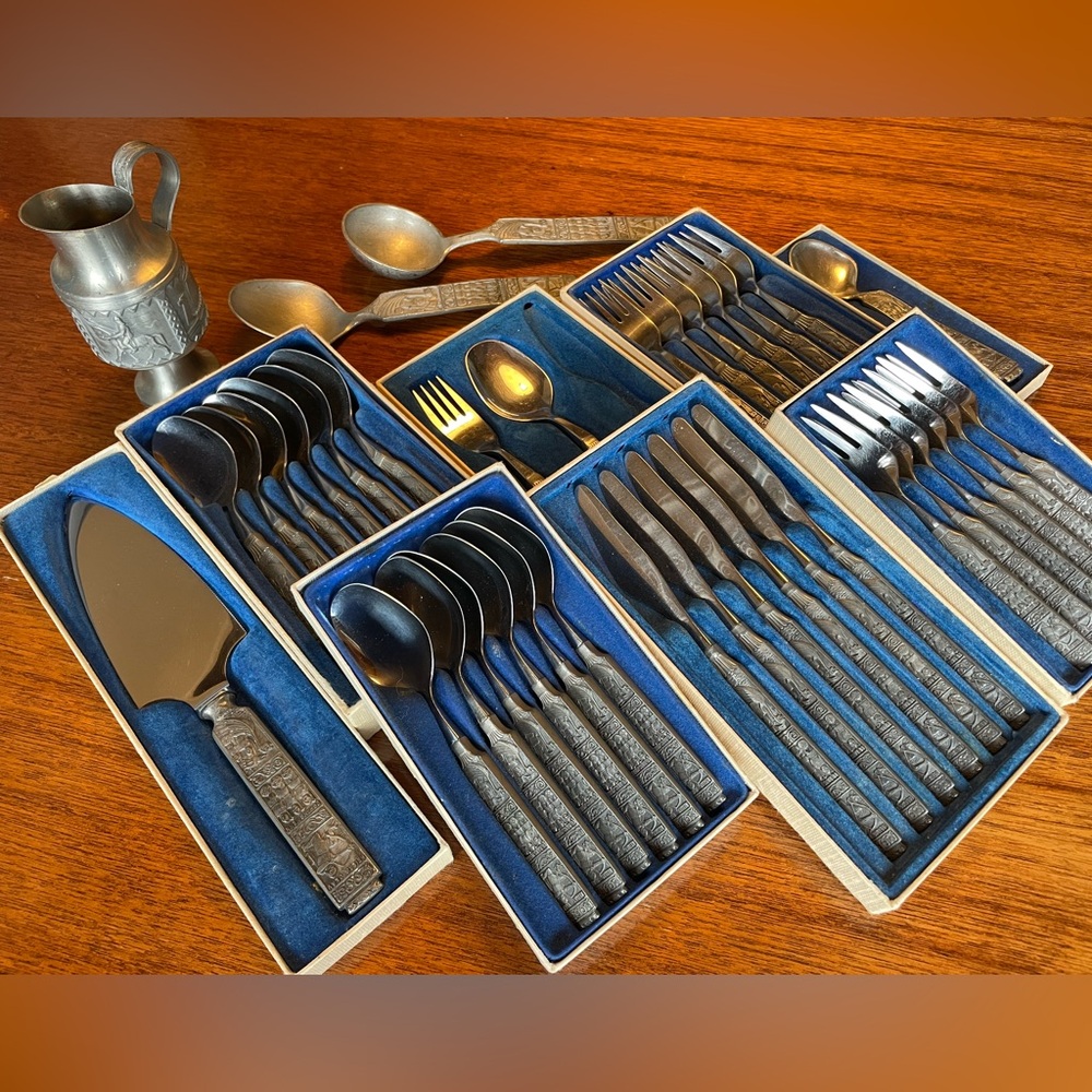 Norwegian Hardanger KONGE TINN pewter/stainless steel Viking flatware set - Picture 2 of 14